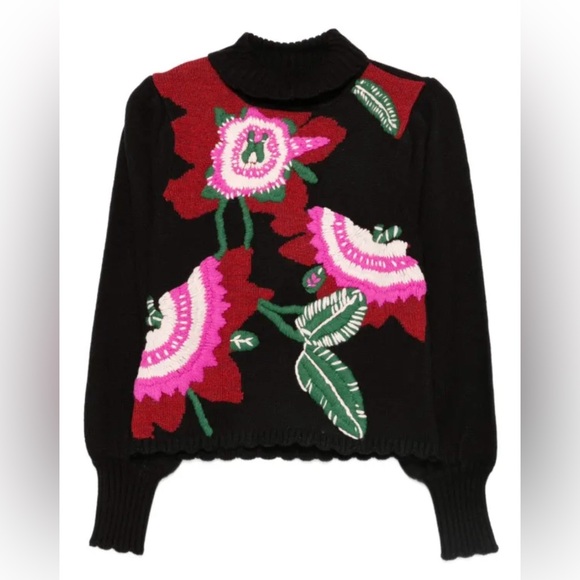 FARM Rio Sweaters - 🌸🌹🌺 FARM RIO 🌺🌹🌸 Black Bold Colorful Flower Embroidered Knit Sweater